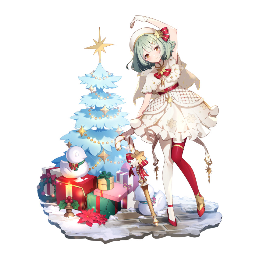 1girl arm_up asymmetrical_legwear bird blush bow candy candy_cane cane capelet catherine_(eversoul) christmas christmas_lights christmas_ornaments christmas_present christmas_star christmas_tree christmas_wreath dress duck eversoul flower food frilled_skirt frills full_body game_cg gift gloves green_hair highres holly looking_at_viewer non-web_source official_alternate_costume official_alternate_hairstyle official_art pavement red_bow red_flower red_footwear red_thighhighs short_hair skirt smile snow snow_sculpture solo standing tachi-e thigh-highs transparent_background white_dress white_gloves white_headwear white_thighhighs white_veil wreath