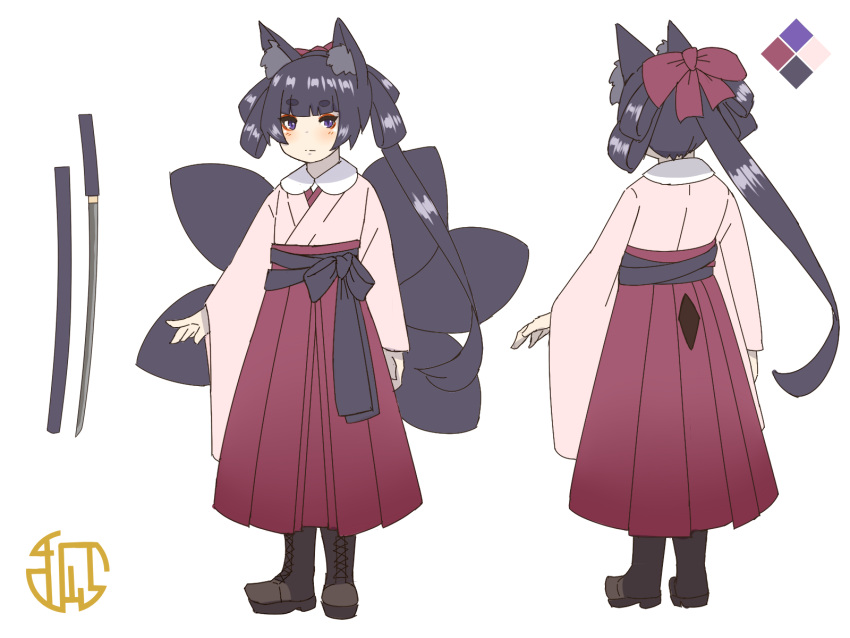 1girl animal_ear_fluff animal_ears black_hair blush boots bow brown_footwear closed_mouth color_guide commentary_request cross-laced_footwear fox_ears fox_girl fox_tail hair_bow hair_rings hakama hakama_skirt highres japanese_clothes katana kimono kitsune kuro_kosyou lace-up_boots long_hair long_sleeves looking_at_viewer multiple_views original pink_kimono red_bow red_hakama short_eyebrows sidelocks skirt sleeves_past_wrists standing sword tail thick_eyebrows turnaround unsheathed very_long_hair violet_eyes weapon wide_sleeves