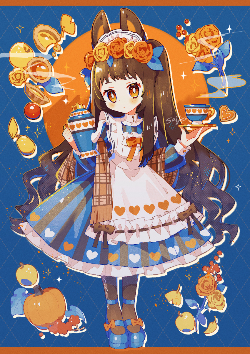 1girl animal_ears apple apron black_dress black_pantyhose blue_bow blue_dress blue_footwear blush bow brown_hair brown_shawl commentary_request cup dress drop_shadow flower food fruit full_body ginkgo_leaf hair_flower hair_ornament heart highres holding holding_saucer holding_teapot leaf letterboxed long_hair looking_at_viewer maid_headdress orange_background orange_eyes orange_flower orange_rose original panties pantyhose pumpkin rabbit_ears rabbit_girl rose saijo1201 saucer shawl solo sparkle striped striped_dress teacup teapot underwear very_long_hair wavy_hair white_apron white_panties yellow_flower yellow_rose