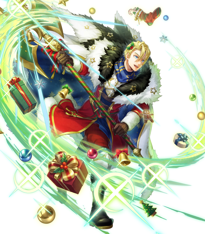 1boy argon_(exys) attack bell black_footwear blonde_hair blue_cape blue_eyes brown_gloves cape dimitri_alexandre_blaiddyd dimitri_alexandre_blaiddyd_(blessed_protector) fire_emblem fire_emblem:_three_houses fire_emblem_heroes fur-trimmed_cape fur_trim gift gloves hair_ornament halberd highres holly holly_hair_ornament male_focus multicolored_cape multicolored_clothes non-web_source official_alternate_costume official_art parted_bangs polearm simple_background smile solo v-shaped_eyebrows weapon white_background white_cape