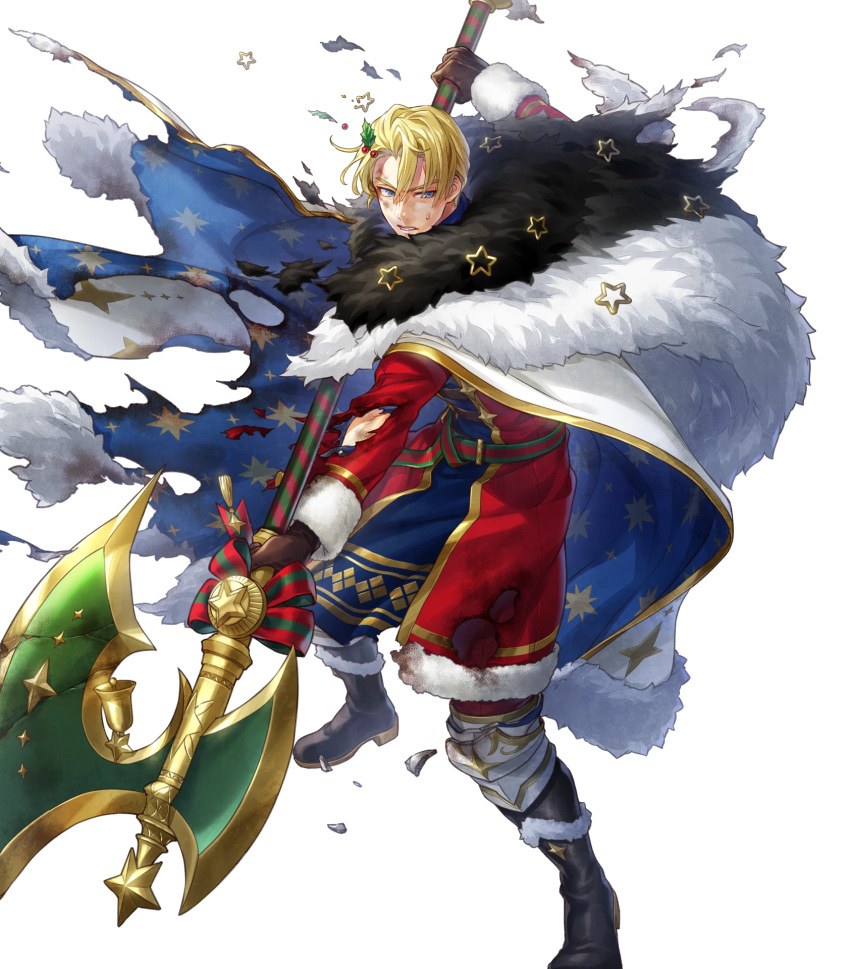 1boy argon_(exys) bell black_footwear blonde_hair blue_cape blue_eyes brown_gloves cape damaged dimitri_alexandre_blaiddyd dimitri_alexandre_blaiddyd_(blessed_protector) fire_emblem fire_emblem:_three_houses fire_emblem_heroes fur-trimmed_cape fur_trim gloves hair_ornament halberd highres holly holly_hair_ornament male_focus multicolored_cape multicolored_clothes non-web_source official_alternate_costume official_art parted_bangs polearm simple_background solo torn_cape torn_clothes weapon white_background white_cape