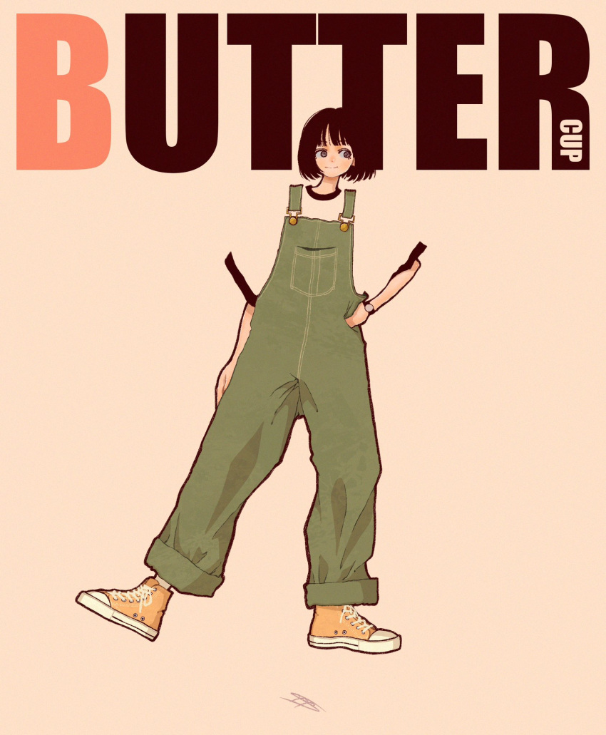 1girl black_hair blending buttercup_(ppg) character_name full_body green_overalls grey_eyes hand_in_pocket highres powerpuff_girls shoes short_hair short_sleeves simple_background smile solo standing syooooyoooo watch watch yellow_footwear