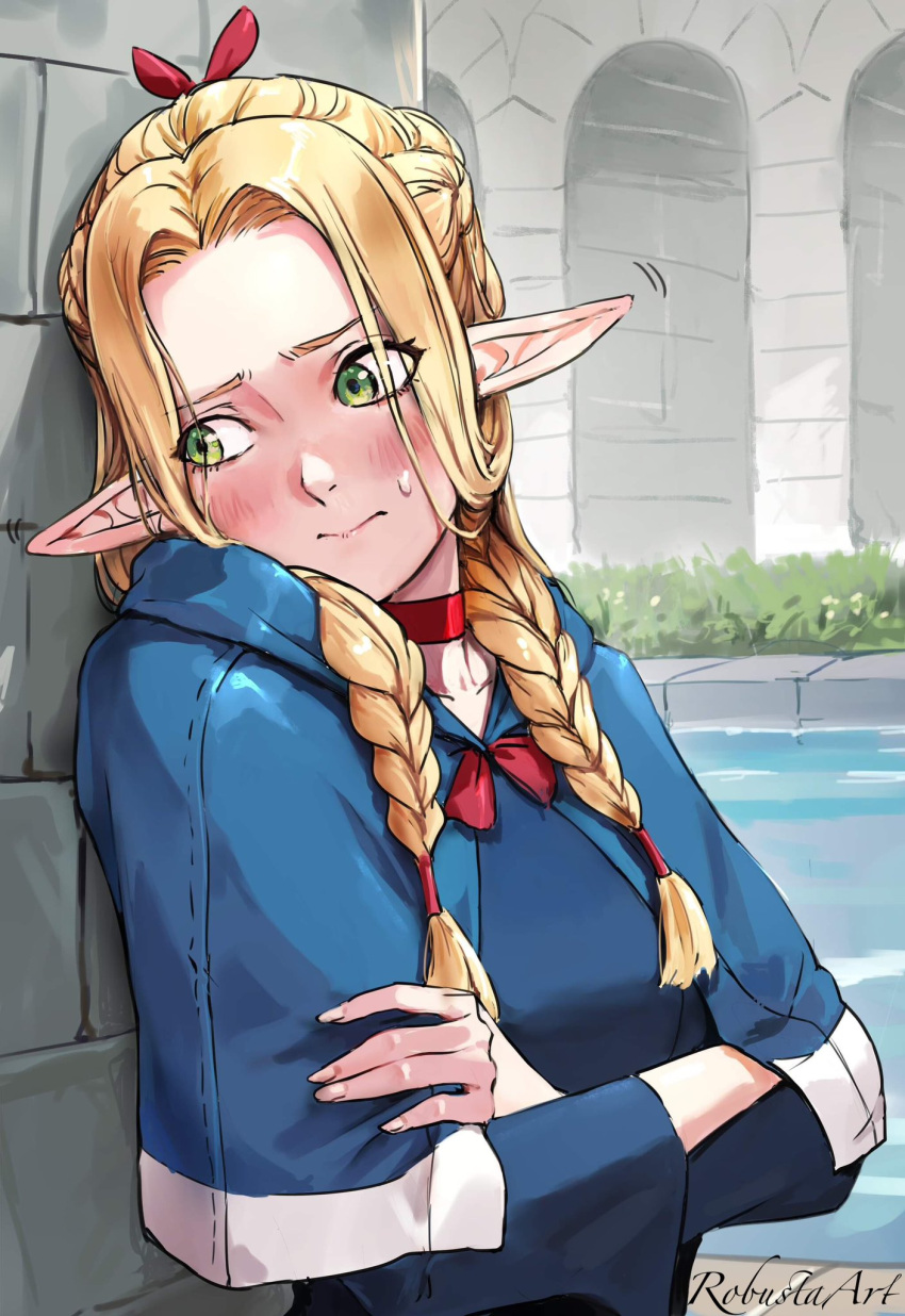 1girl against_wall artist_name blonde_hair blue_capelet blush braid capelet choker commentary crossed_arms dungeon_meshi ear_wiggle elf english_commentary forehead grass green_eyes highres long_hair long_sleeves looking_to_the_side marcille pointy_ears red_choker red_ribbon ribbon robusta_mania shy sideways_glance solo sweat twin_braids upper_body water