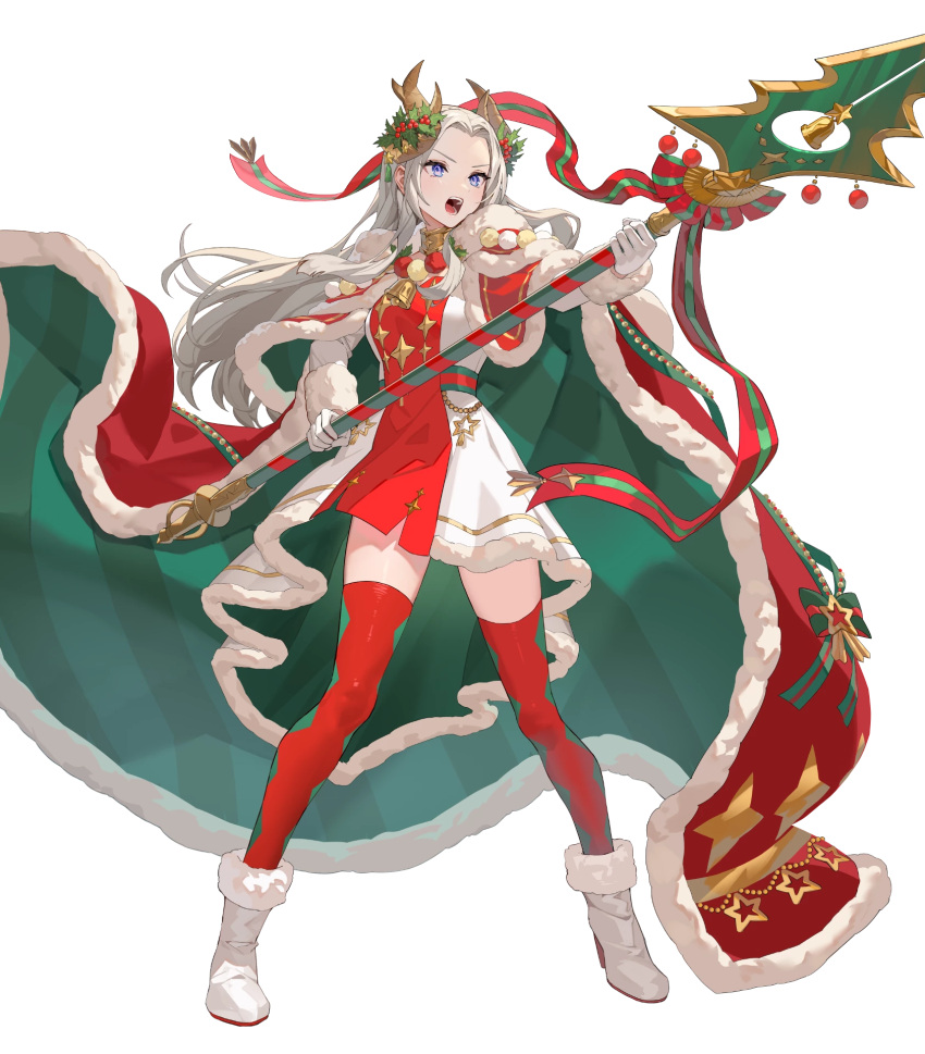 1girl attack blue_eyes cape diamond_print dress edelgard_von_hresvelg edelgard_von_hresvelg_(snowfall_future) fake_horns fire_emblem fire_emblem:_three_houses fire_emblem_heroes gloves green_cape high_heels highres holding holding_polearm holding_weapon horns long_hair multicolored_clothes multicolored_dress non-web_source official_alternate_costume official_art open_mouth polearm red_cape red_dress red_thighhighs simple_background solo teffish thigh-highs v-shaped_eyebrows weapon white_background white_dress white_footwear white_gloves white_hair