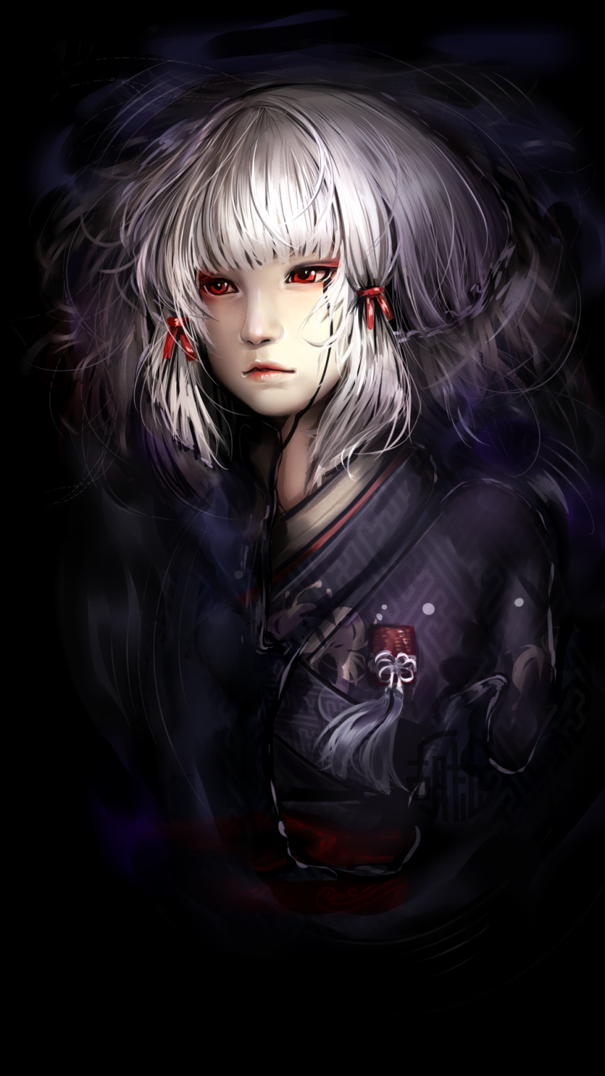 1girl black_background black_kimono closed_mouth commentary_request fatal_frame fatal_frame_5 grey_hair hair_ribbon highres japanese_clothes kimono kuro_kosyou obi red_eyes red_lips red_ribbon ribbon sash shiragiku_(fatal_frame) simple_background solo upper_body