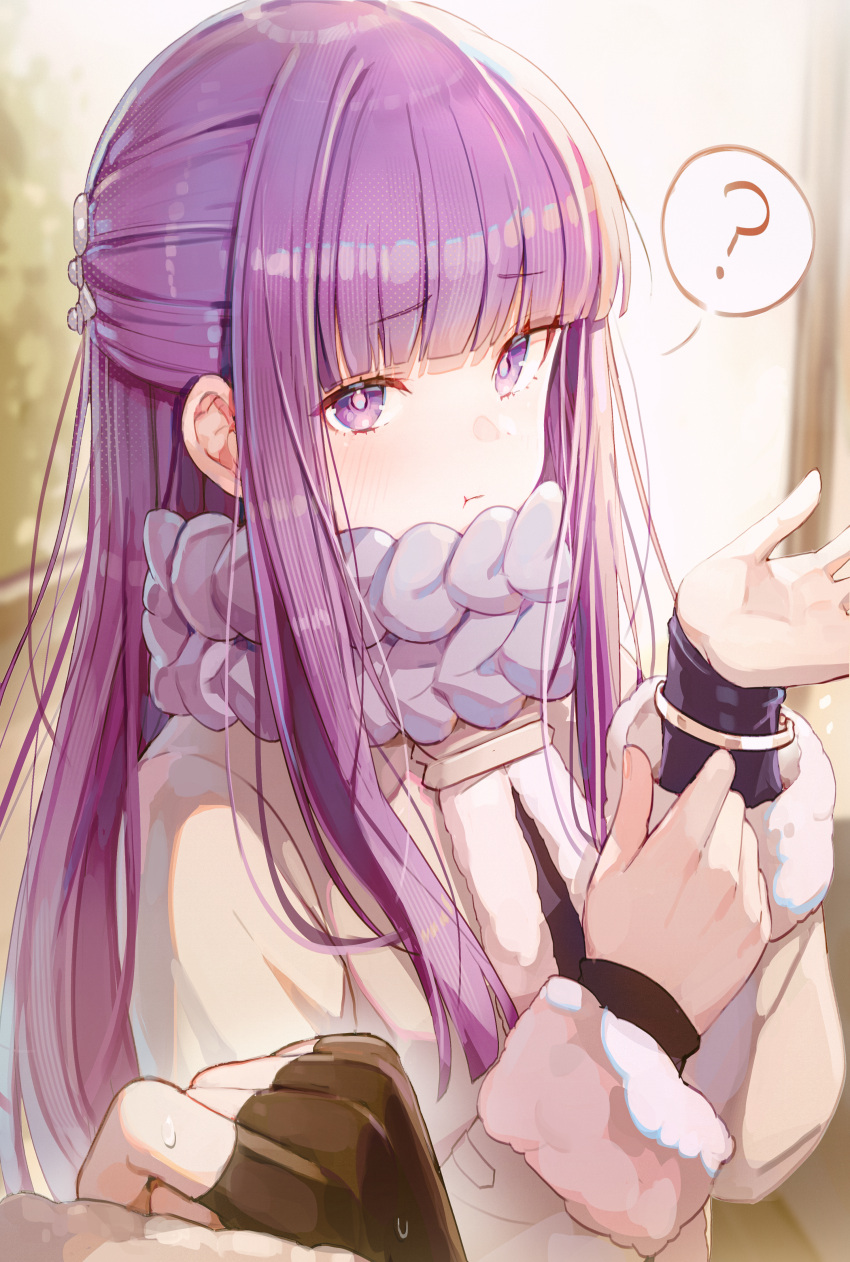 1girl 1other ? absurdres black_gloves blunt_bangs bracelet closed_mouth coat commentary_request fern_(sousou_no_frieren) fingerless_gloves gloves hands_up highres jewelry long_hair long_sleeves looking_at_viewer misyune pout purple_hair purple_scarf scarf sidelocks solo_focus sousou_no_frieren spoken_question_mark upper_body violet_eyes yellow_coat