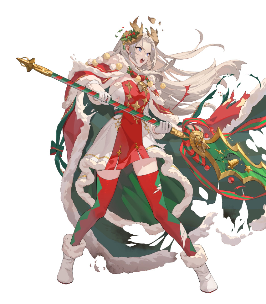 1girl blue_eyes cape damaged diamond_print dress edelgard_von_hresvelg edelgard_von_hresvelg_(snowfall_future) fake_horns fire_emblem fire_emblem:_three_houses fire_emblem_heroes gloves green_cape high_heels highres holding holding_polearm holding_weapon horns long_hair multicolored_clothes multicolored_dress non-web_source official_alternate_costume official_art open_mouth polearm red_cape red_dress red_thighhighs simple_background solo teeth teffish thigh-highs torn_cape torn_clothes upper_teeth_only v-shaped_eyebrows weapon white_background white_dress white_footwear white_gloves white_hair