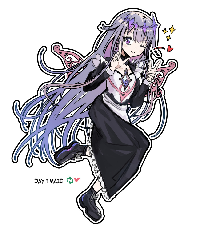 1girl absurdres arrow_(symbol) black_dress black_footwear collarbone dress english_text frilled_dress frills full_body grey_hair hands_up heart highres hololive hololive_english juliet_sleeves koseki_bijou long_hair long_sleeves nakatokung outline pink_hair pink_wings puffy_sleeves purple_hair shoes simple_background solo sparkle very_long_hair violet_eyes virtual_youtuber white_background white_outline wings