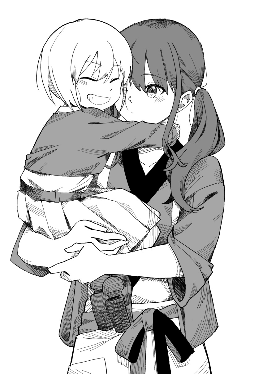 2girls absurdres aged_down closed_eyes closed_mouth commentary dress greyscale highres hug inoue_takina japanese_clothes kimono long_hair looking_at_another lycoris_recoil lycoris_uniform monochrome multiple_girls nishikigi_chisato official_alternate_costume open_mouth pleated_dress r_bishh short_hair simple_background twintails wide_sleeves