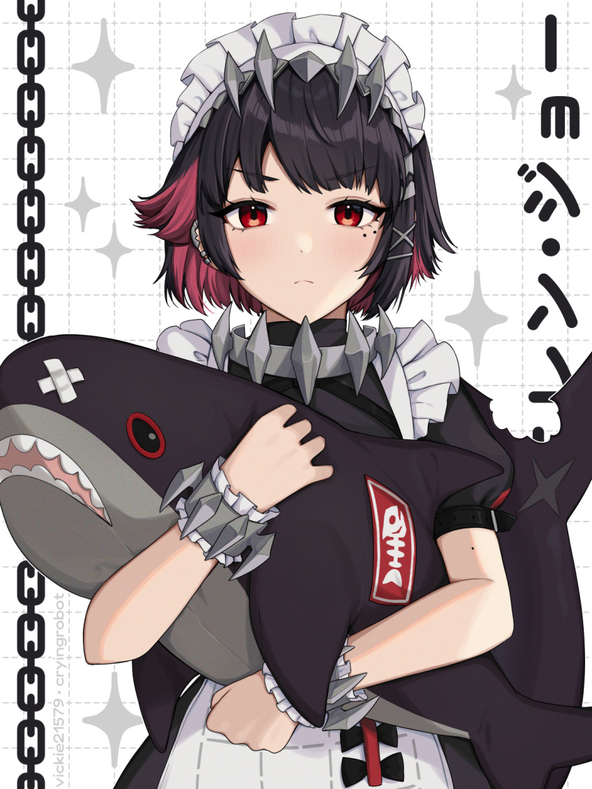 1girl black_hair character_name ear_piercing ellen_joe fins fish_tail highres holding holding_stuffed_toy light_blush light_frown looking_at_viewer maid_headdress mole mole_on_arm mole_under_eye piercing red_eyes redhead shark_tail short_hair short_sleeves simple_background solo stuffed_animal stuffed_shark stuffed_toy tail upper_body v-shaped_eyebrows vickie_(cryingrobot) wrist_cuffs zenless_zone_zero