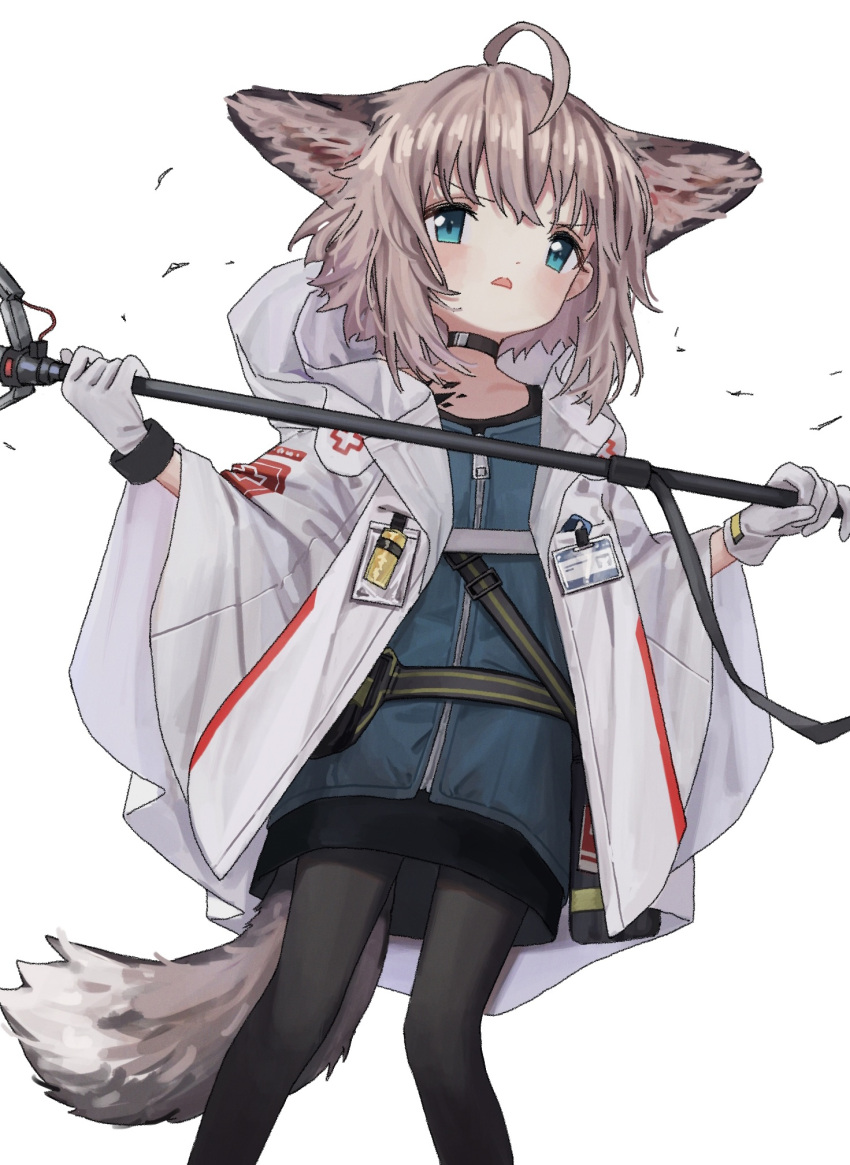 1girl ahoge animal_ears arknights belt black_choker black_dress black_pantyhose blue_eyes blue_jacket blush brown_hair chinese_commentary choker cloak commentary_request dress feet_out_of_frame fox_ears fox_girl fox_tail frown gloves hands_up highres holding holding_staff hood hood_down hooded_cloak id_card jacket looking_ahead medium_hair neko_yeye open_cloak open_clothes open_mouth oripathy_lesion_(arknights) pantyhose pigeon-toed short_dress simple_background solo staff standing sussurro_(arknights) tail two-handed v-shaped_eyebrows white_background white_cloak white_gloves