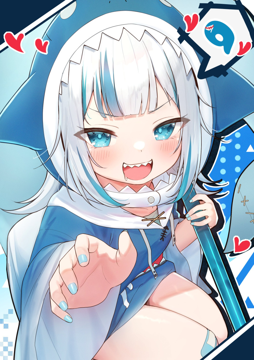 1girl :d a_(phrase) absurdres bandaid bandaid_on_knee bandaid_on_leg blue_eyes blue_hair blue_hoodie blue_nails commentary_request drawstring drooling fins fish_tail gawr_gura gawr_gura_(1st_costume) heart highres holding holding_polearm holding_weapon hololive hololive_english hood hood_up hoodie long_hair long_sleeves looking_at_viewer multicolored_hair nail_polish polearm shark_tail sharp_teeth smile solo streaked_hair tail teeth tsukiman v-shaped_eyebrows virtual_youtuber weapon white_hair wide_sleeves