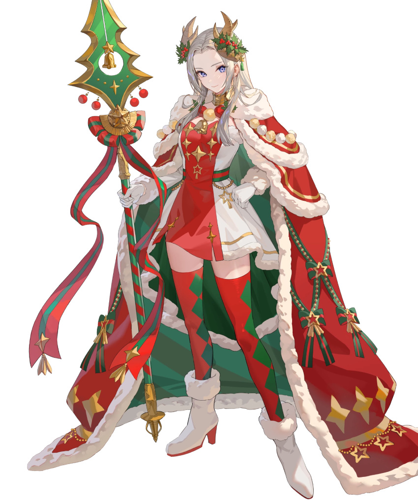 1girl blue_eyes cape diamond_print dress edelgard_von_hresvelg edelgard_von_hresvelg_(snowfall_future) fake_horns fire_emblem fire_emblem:_three_houses fire_emblem_heroes gloves green_cape hand_on_own_hip high_heels highres holding holding_polearm holding_weapon horns long_hair looking_at_viewer multicolored_clothes multicolored_dress non-web_source official_alternate_costume official_art polearm red_cape red_dress red_thighhighs smile solo teffish thigh-highs weapon white_dress white_footwear white_gloves white_hair