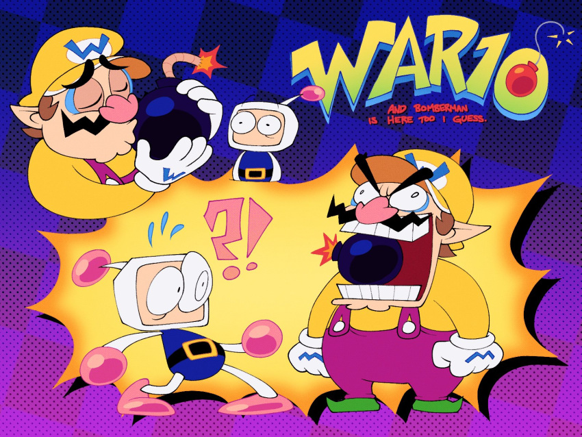 !? ._. 2boys big_nose biting blue_eyeshadow bomb bomberman commentary covered_mouth english_commentary english_text explosive eyeshadow facial_hair gloves hat highres kiss lumspark makeup male_focus multiple_boys mustache overalls pointy_ears super_mario_bros. surprised wario wario_blast white_bomberman white_gloves