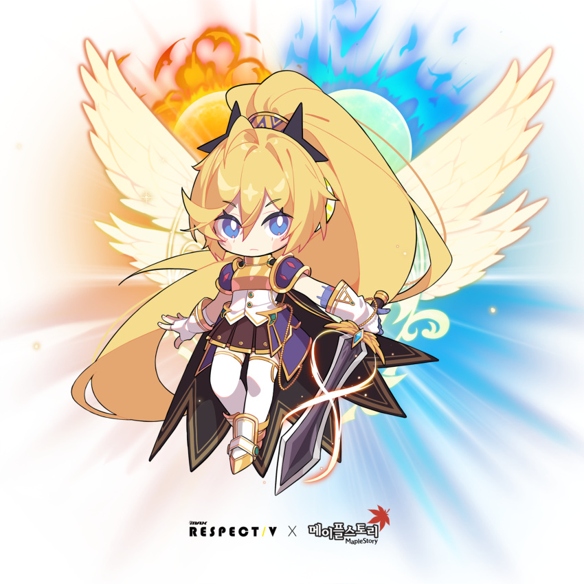 absurdres angel_wings armor blonde_hair blue_eyes boots chibi clear_(djmax) closed_mouth djmax eyes_visible_through_hair feathered_wings flying gloves hair_between_eyes hair_ornament high_ponytail highres holding holding_sword holding_weapon long_hair mamo_c maplestory moon non-web_source sun sword weapon wings yellow_wings