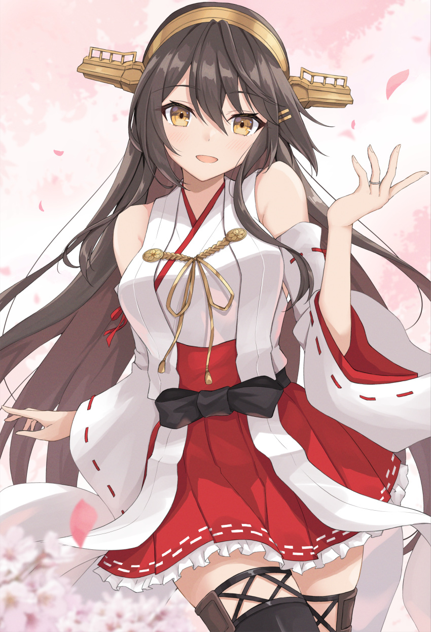 1girl absurdres bare_shoulders black_hair black_thighhighs breasts cowboy_shot detached_sleeves frilled_skirt frills gensoukitan hair_between_eyes hair_ornament hairband hairclip haruna_(kancolle) haruna_kai_ni_(kancolle) headgear highres japanese_clothes jewelry kantai_collection large_breasts long_hair looking_at_viewer nontraditional_miko pleated_skirt red_skirt ribbon-trimmed_sleeves ribbon_trim ring skirt solo thigh-highs wedding_ring white_sleeves wide_sleeves yellow_eyes