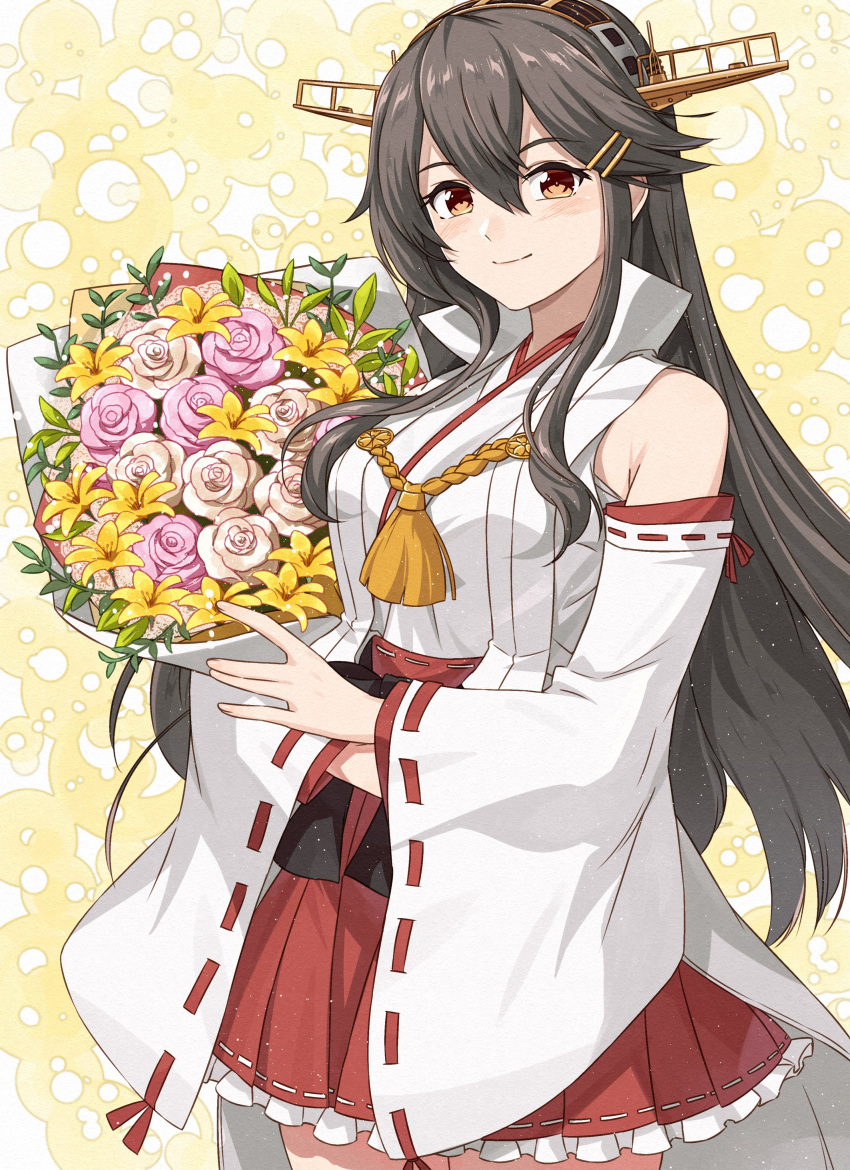 1girl absurdres bare_shoulders black_hair blush bouquet brown_eyes closed_mouth cowboy_shot detached_sleeves flower frilled_skirt frills hair_between_eyes hairband haruna_(kancolle) headgear highres holding holding_bouquet japanese_clothes kanmiya_shinobu kantai_collection long_hair looking_at_viewer nontraditional_miko pink_flower pleated_skirt red_skirt ribbon-trimmed_sleeves ribbon_trim skirt smile solo white_flower white_sleeves wide_sleeves yellow_flower