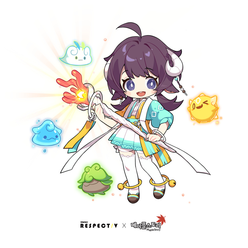1girl absurdres ahoge animal_ears brown_hair chibi djmax highres holding holding_staff horns mamo_c maplestory non-web_source open_mouth play_(djmax) smile staff thigh-highs violet_eyes
