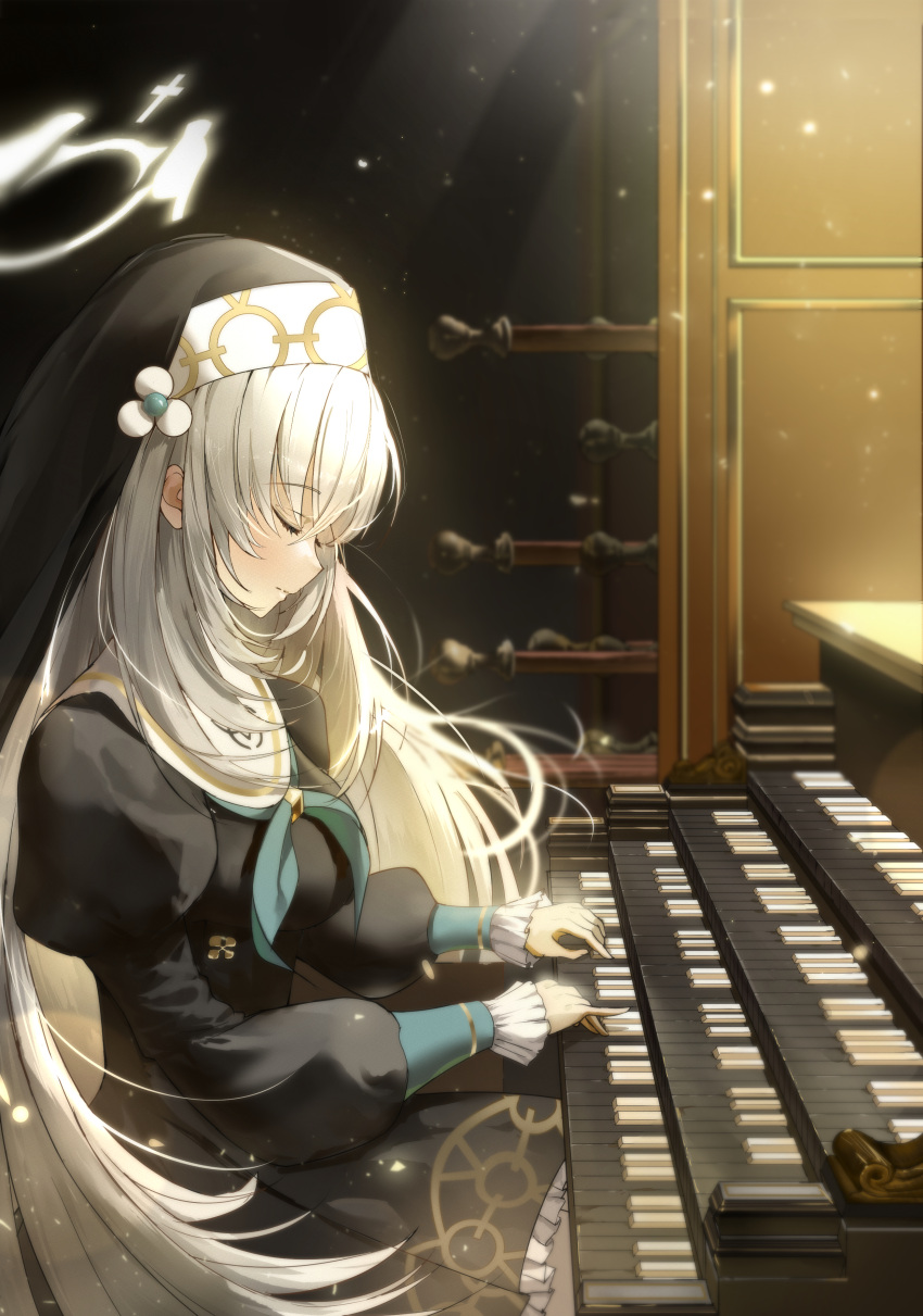 1girl absurdres blue_archive closed_eyes closed_mouth coif frills from_side grey_hair habit halo highres indoors instrument juliet_sleeves long_hair long_sleeves music nun organ_(instrument) playing_instrument profile puffy_sleeves sakurako_(blue_archive) sangnoksu solo yellow_halo