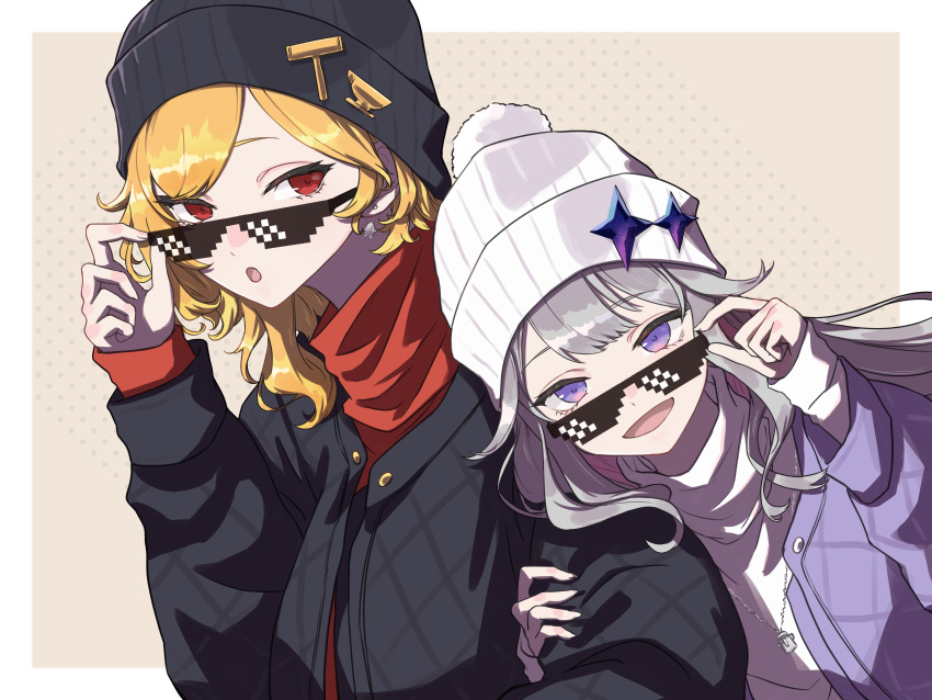 2girls absurdres alternate_costume black_headwear blonde_hair futomoy glasses hand_on_another's_arm highres holding hololive hololive_english hololive_indonesia kaela_kovalskia koseki_bijou looking_at_viewer multiple_girls virtual_youtuber