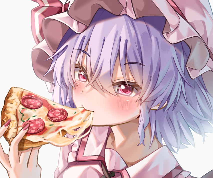 1girl cheese eating food hat highres maboroshi_mochi mob_cap pepperoni pink_headwear pink_shirt pizza pizza_slice purple_hair red_eyes red_nails remilia_scarlet shirt solo touhou white_background