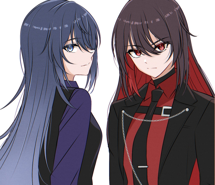 2girls amakuma black_jacket black_necktie black_vest blue_eyes brown_hair closed_mouth collared_shirt commentary_request grey_hair hair_between_eyes hair_over_one_eye highres honkai_(series) honkai_impact_3rd jacket long_hair looking_at_viewer multicolored_hair multiple_girls necktie open_clothes open_jacket parted_lips purple_shirt red_eyes red_shirt redhead seele_vollerei shirt simple_background tie_clip two-tone_hair upper_body very_long_hair vest white_background