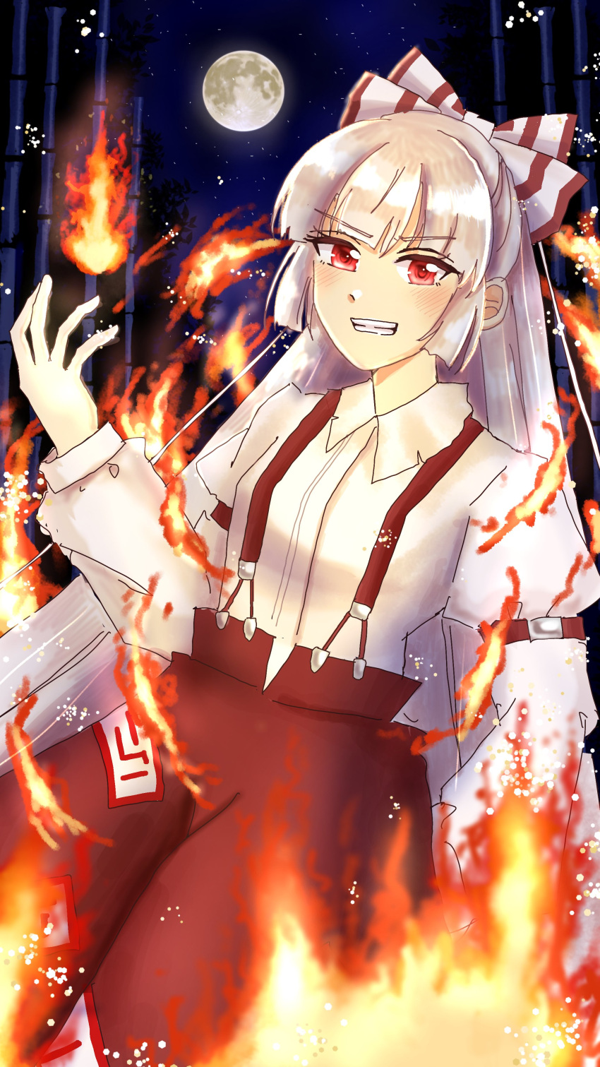 1girl absurdres baggy_pants bamboo bamboo_forest bow clenched_teeth collared_shirt fire forest fujiwara_no_mokou full_moon hair_bow highres hime_cut long_hair long_sleeves moon nature night night_sky ofuda ofuda_on_clothes pants red_eyes red_pants shirt sky solo suspenders teeth touhou tuzura_cosplay white_bow white_hair white_shirt