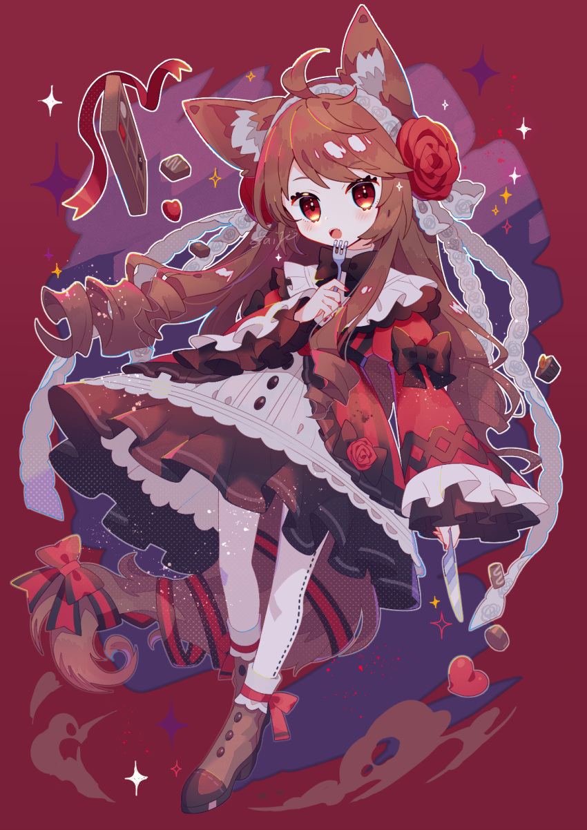 1girl :o ahoge animal_ear_fluff animal_ears arm_at_side blush border brown_dress brown_footwear brown_hair chocolate commentary_request dress drill_hair flower fork full_body hair_flower hair_ornament hair_ribbon heart high_heels highres holding holding_fork holding_knife knife layered_skirt long_hair long_sleeves open_mouth original pantyhose purple_background red_background red_eyes red_flower red_ribbon red_rose ribbon rose saijo1201 skirt sleeves_past_wrists tail tail_ornament tail_ribbon white_pantyhose white_ribbon wolf_ears wolf_girl wolf_tail