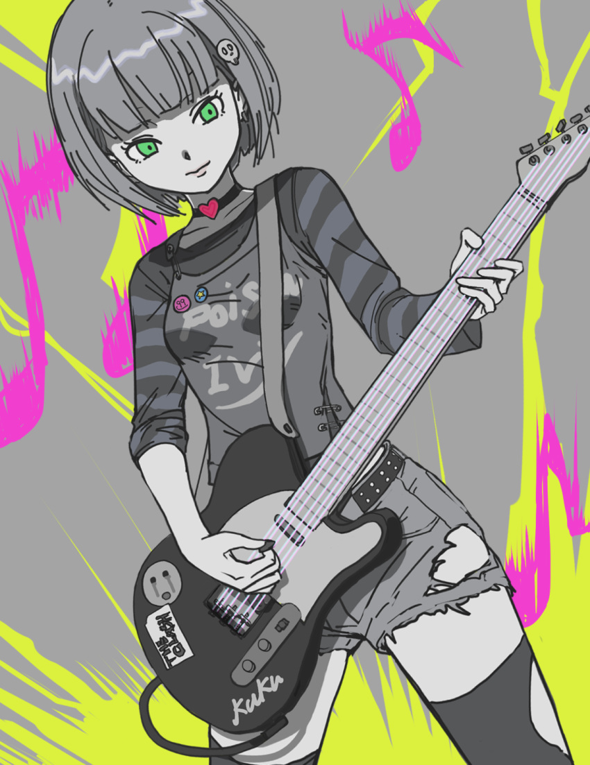 1girl belt bob_cut breasts choker dutch_angle eighth_note electric_guitar green_eyes greyscale guitar hair_ornament heart heart_choker highres instrument kuku_(laser_beamer) long_bangs long_sleeves medium_hair monochrome music musical_note original pin playing_guitar playing_instrument short_shorts shorts skull_hair_ornament sleeves_rolled_up small_breasts solo spot_color sticker striped_sleeves thigh-highs torn_clothes torn_shorts torn_thighhighs