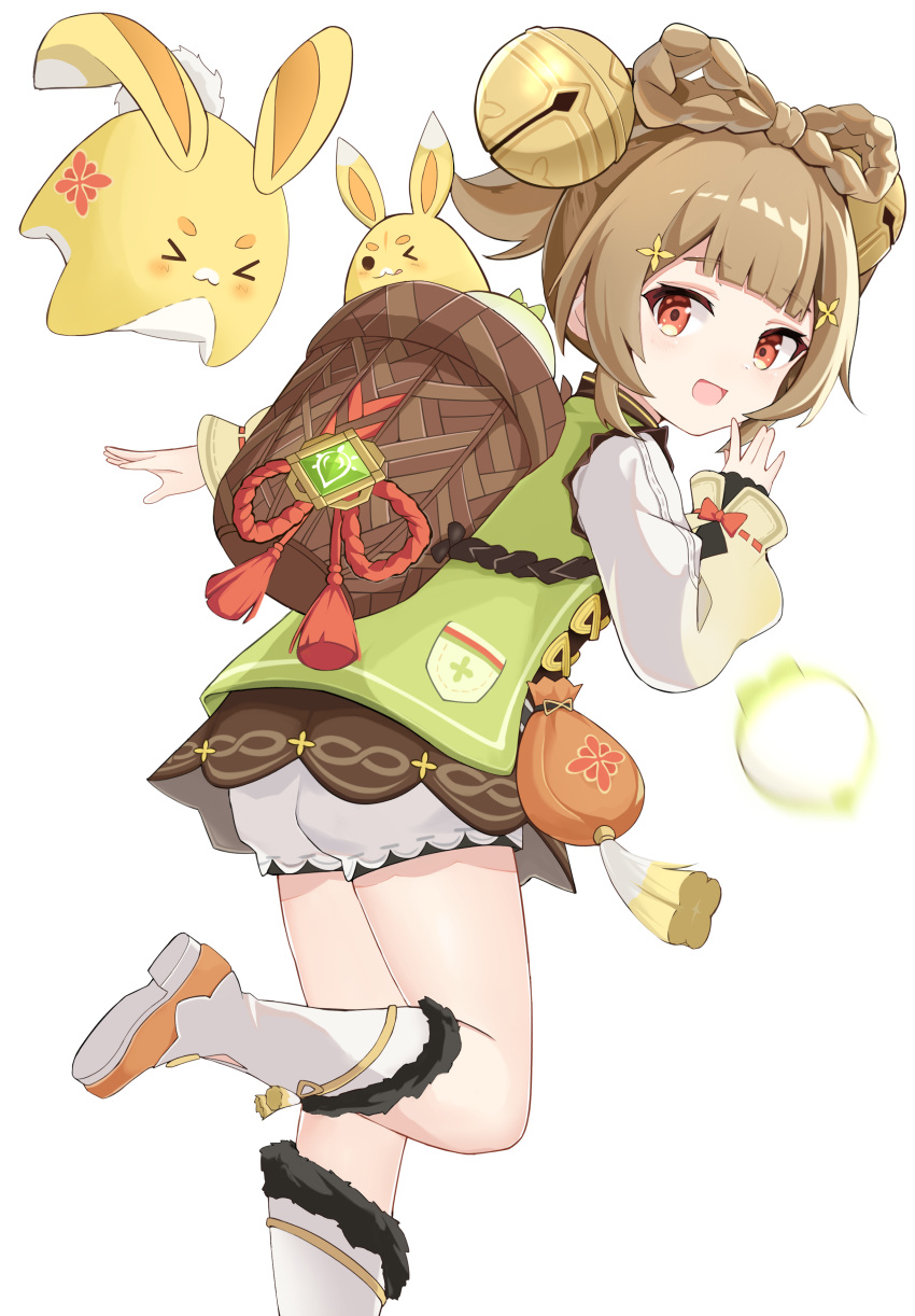 &gt;_&lt; 1girl :3 :d absurdres bag basket bell bloomers blunt_bangs blush boots bow bow-shaped_hair braid brown_dress brown_eyes brown_hair closed_eyes closed_mouth double-parted_bangs dress fur-trimmed_boots fur_trim genshin_impact green_jacket hair_bell hair_ornament hand_up highres jacket jingle_bell juumon leg_up long_sleeves looking_at_viewer looking_back motion_blur open_mouth orange_bow pocket puffy_long_sleeves puffy_sleeves rope short_hair sidelocks simple_background smile solo tassel turnip vision_(genshin_impact) white_background white_bloomers white_footwear yaoyao_(genshin_impact) yuegui_(genshin_impact)