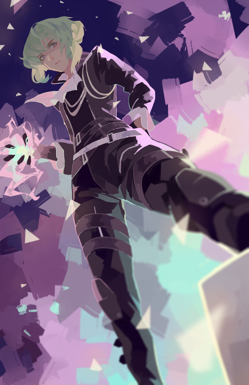 1boy abstract_background arm_behind_back ascot black_jacket black_pants closed_mouth feet_out_of_frame fingernails fire frilled_sleeves frills green_hair highres jacket leather leather_jacket leather_pants lio_fotia looking_ahead male_focus pants perspective pink_fire promare pyrokinesis sharp_fingernails short_hair short_hair_with_long_locks sidelocks solo violet_eyes vonnabeee white_ascot