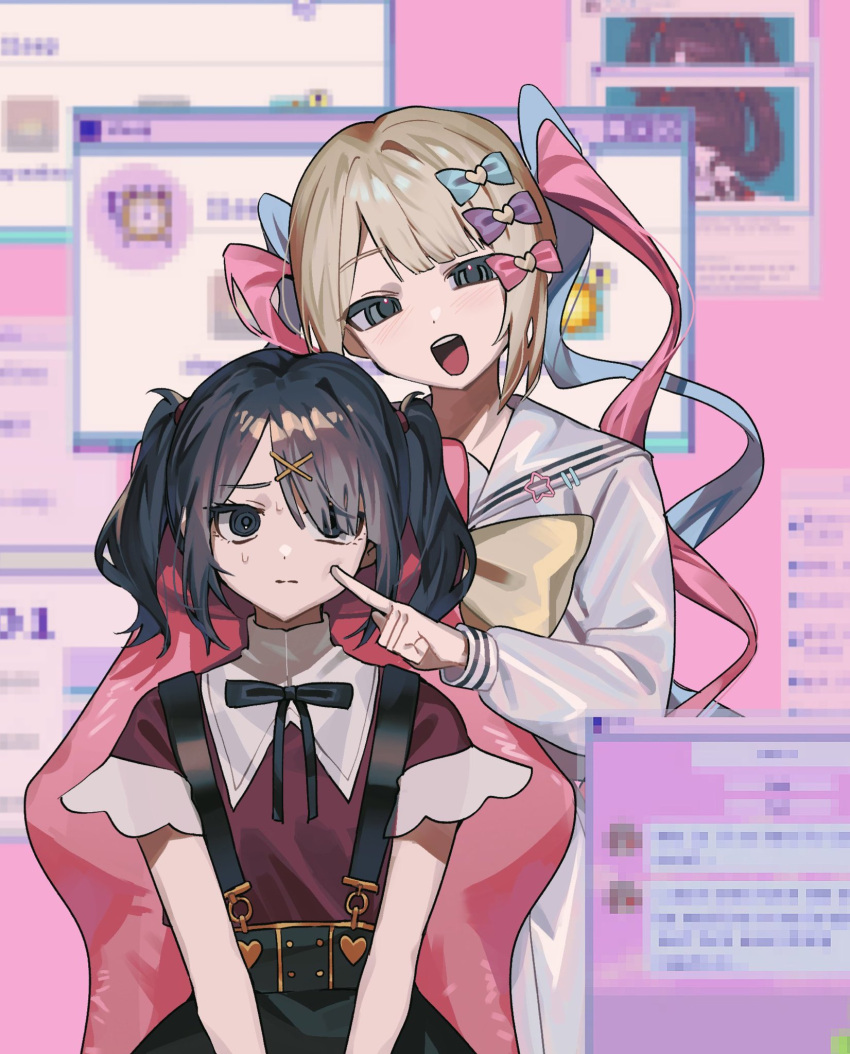 2girls :d ame-chan_(needy_girl_overdose) behind_another black_eyes black_hair black_ribbon black_skirt blonde_hair blue_bow blue_eyes blue_hair blue_shirt blue_skirt bow chair cheek_poking chouzetsusaikawa_tenshi-chan collared_shirt commentary_request dual_persona gaming_chair hair_bow hair_ornament hair_over_one_eye hair_tie hairclip ham3ter heart heart_hair_ornament highres korean_commentary long_hair long_sleeves looking_at_viewer multicolored_hair multiple_girls neck_ribbon needy_girl_overdose nervous open_mouth pink_background pink_bow pink_hair pleated_skirt poking purple_bow quad_tails red_shirt ribbon sailor_collar school_uniform serafuku shirt shirt_tucked_in skirt smile standing suspender_skirt suspenders swivel_chair twintails very_long_hair window_(computing) x_hair_ornament yellow_bow