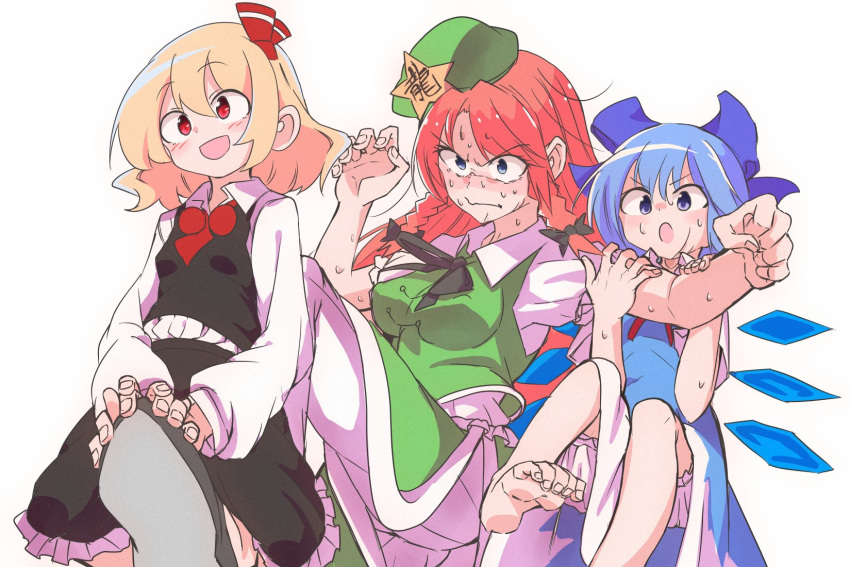 3girls :d :o :| arm_grab barefoot black_bow black_bowtie black_footwear black_skirt black_vest blonde_hair blue_bow blue_dress blue_eyes blue_hair bow bowtie braid breasts china_dress chinese_clothes cirno closed_mouth collared_shirt constricted_pupils detached_wings dot_nose dress embodiment_of_scarlet_devil feet_out_of_frame frilled_skirt frills full_body green_dress green_headwear hair_between_eyes hair_bow hair_intakes hat_ornament highres hong_meiling ice ice_wings large_bow long_hair long_sleeves looking_at_another looking_at_viewer looking_to_the_side medium_breasts messy_hair multiple_girls multiple_wings narrowed_eyes necktie pants pants_under_dress red_bow red_eyes red_necktie redhead rumia shinmon_akika shirt short_hair short_sleeves simple_background skirt skirt_set smile star_(symbol) star_hat_ornament sweat touhou twin_braids v-shaped_eyebrows very_long_hair vest wavy_mouth white_background white_pants white_shirt