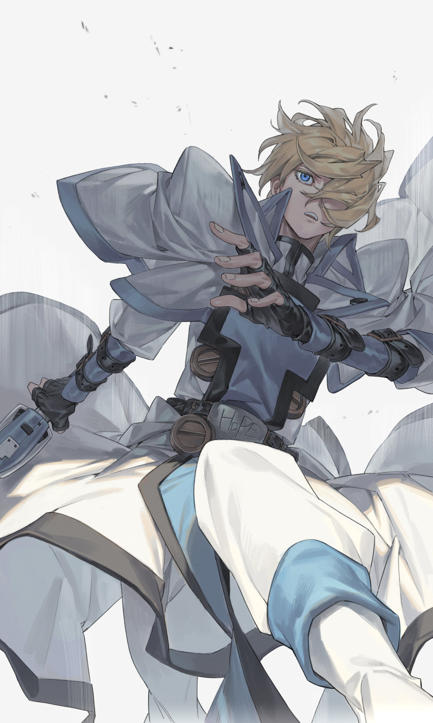 1boy absurdres black_gloves blonde_hair blue_eyes fingerless_gloves gloves guilty_gear guilty_gear_xx hair_between_eyes highres ky_kiske long_sleeves looking_at_viewer male_focus onigiri_post_0 short_hair