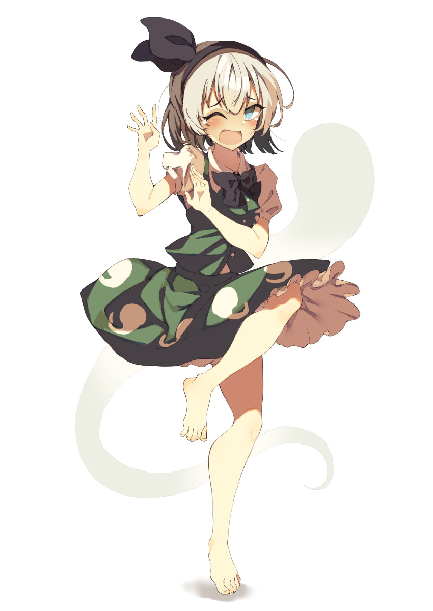 1girl absurdres barefoot black_bow black_headwear blue_eyes bow commentary_request feet full_body green_skirt green_vest grey_hair hair_between_eyes hair_bow hands_up highres konpaku_youmu konpaku_youmu_(ghost) looking_to_the_side magatama_print one_eye_closed open_mouth partial_commentary puffy_short_sleeves puffy_sleeves scared seika_okawari shirt short_hair short_sleeves simple_background skirt solo standing standing_on_one_leg sweatdrop tears toes touhou vest white_background white_shirt