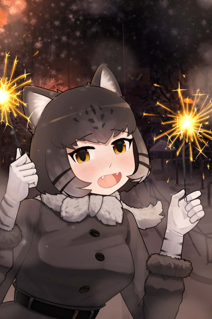 1girl animal_ears belt clothes dark_background fireworks gloves grey_hair happy highres kemono_friends night open_mouth pallas's_cat_(kemono_friends) snow snowing solo sparkle sparkler teeth white_gloves yellow_eyes