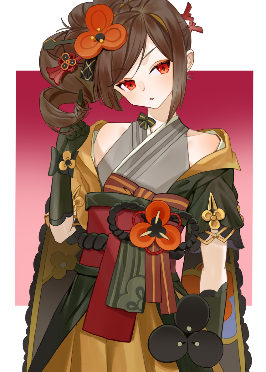 1girl asymmetrical_sidelocks border brown_hair cape chiori_(genshin_impact) clothing_cutout commentary drill_hair flower genshin_impact gradient_background grey_kimono hair_flower hair_ornament highres japanese_clothes kimono looking_to_the_side obi orange_flower parted_lips red_background red_eyes sash shoulder_cutout side_ponytail sidelocks single_drill skirt solo upper_body yellow_cape yellow_skirt yufei_lin