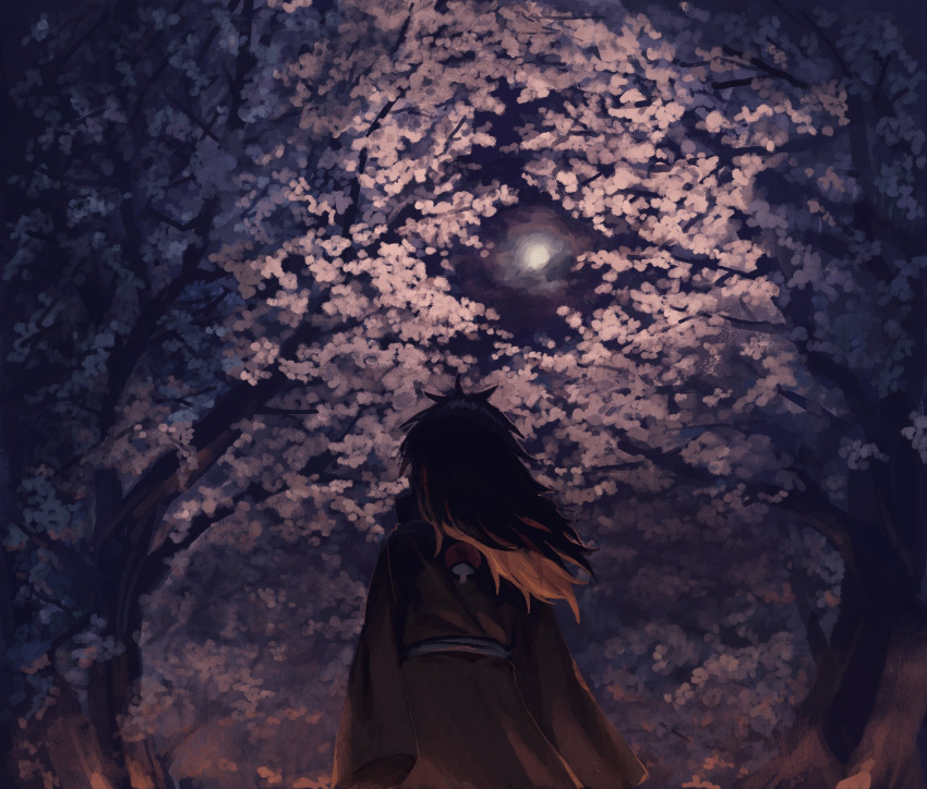 1boy black_hair cherry_blossoms commentary_request from_behind full_moon highres klenschheim long_hair male_focus moon naruto_(series) naruto_shippuuden night outdoors uchiha_madara
