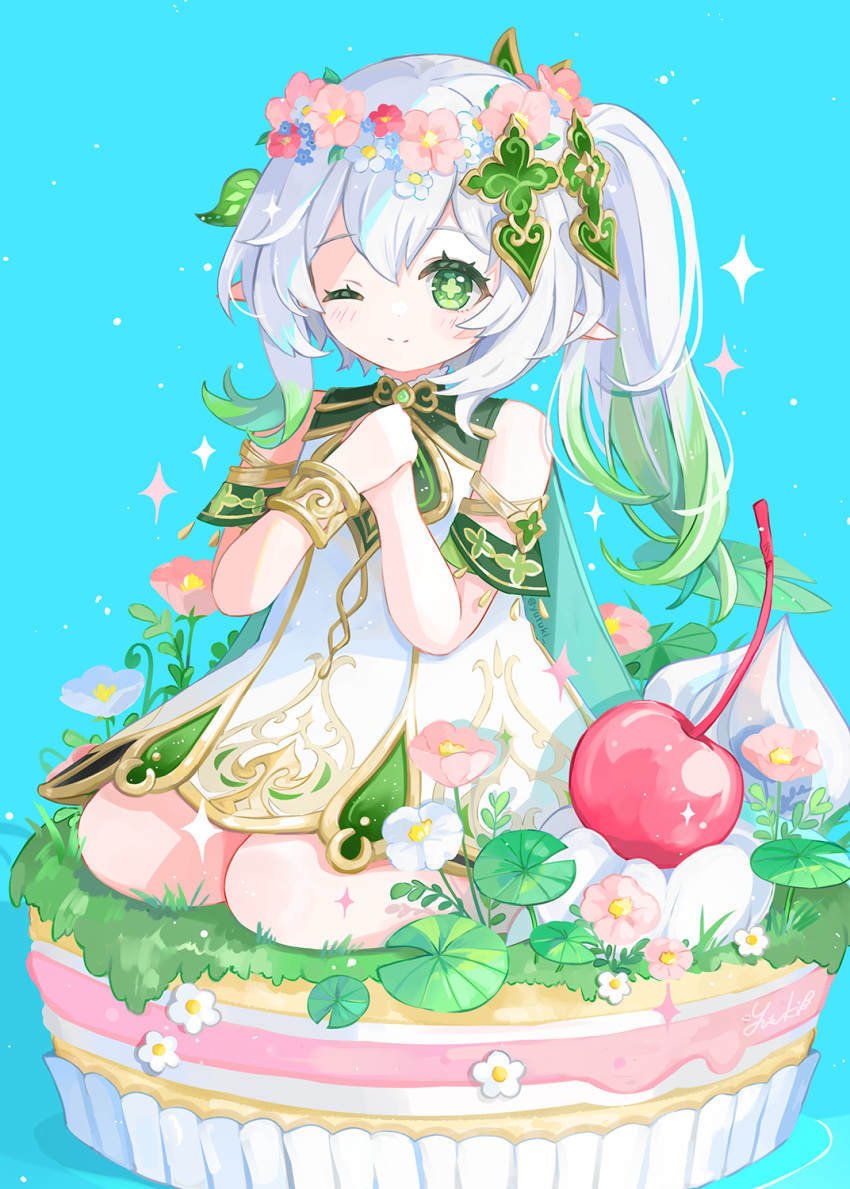 1girl ;) aqua_background artist_name blue_flower blush bracelet cake cape cherry closed_mouth cross-shaped_pupils detached_sleeves dress eyelashes flower flower_wreath food fruit gem genshin_impact gold_trim gradient_hair grass green_cape green_dress green_eyes green_gemstone green_hair green_sleeves hair_between_eyes hair_ornament hands_up head_wreath highres jewelry leaf_hair_ornament long_hair looking_at_viewer lotus_leaf multicolored_hair nahida_(genshin_impact) one_eye_closed own_hands_together pink_flower plant pointy_ears ponytail short_sleeves side_ponytail sidelocks signature simple_background sitting sleeveless sleeveless_dress smile solo sparkle split_mouth streaked_hair symbol-shaped_pupils white_dress white_flower white_hair yutukicom