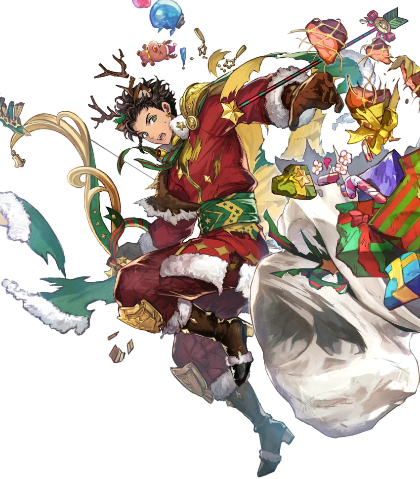 1boy animal_costume animal_ears antlers bow_(weapon) braid brown_hair cape claude_von_riegan claude_von_riegan(yuletide_schemer) damaged dark-skinned_male dark_skin deer_ears earrings fire_emblem fire_emblem:_three_houses fire_emblem_heroes gold_cape green_cape green_eyes highres holding holding_bow_(weapon) holding_weapon jewelry multicolored_cape multicolored_clothes non-web_source official_alternate_costume official_art open_mouth reindeer_antlers reindeer_costume single_braid solo teeth torn_bag torn_cape torn_clothes weapon