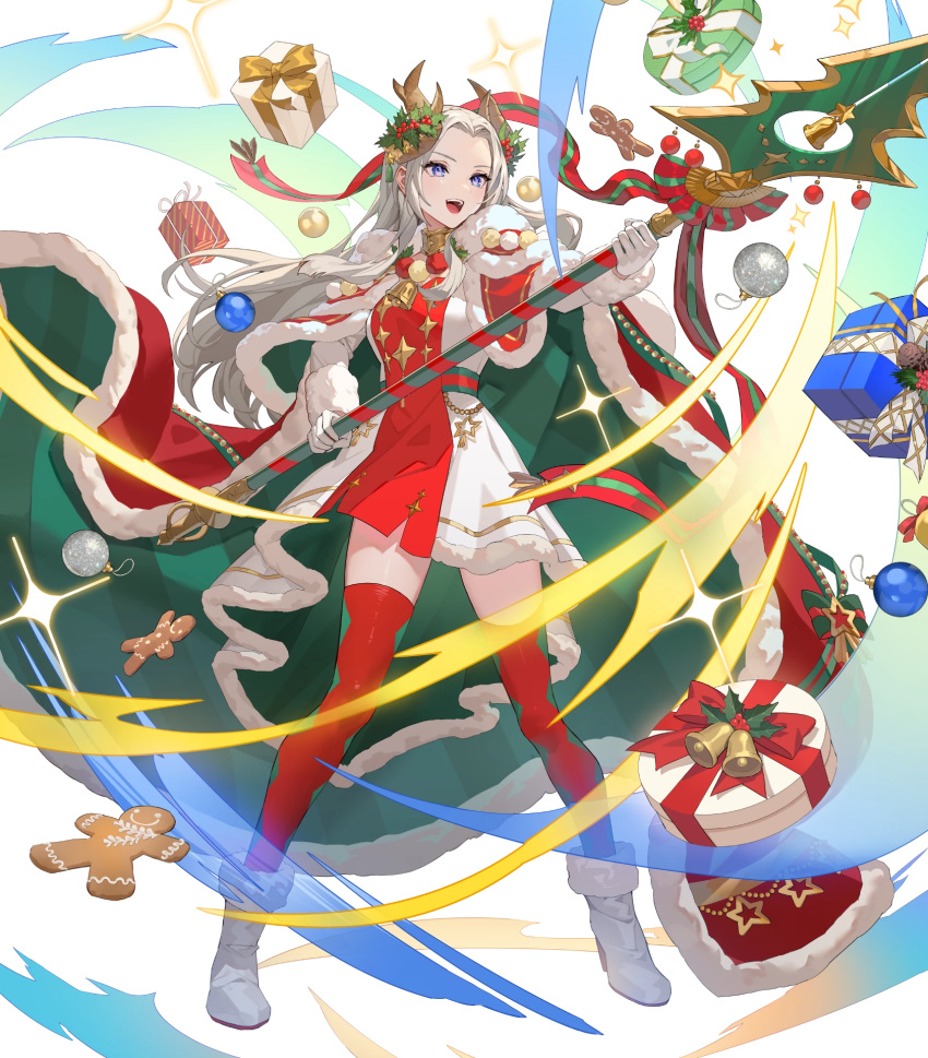1girl attack blue_eyes cape christmas_ornaments cookie diamond_print dress edelgard_von_hresvelg edelgard_von_hresvelg_(snowfall_future) fake_horns fire_emblem fire_emblem:_three_houses fire_emblem_heroes food gift gingerbread_man gloves green_cape high_heels highres holding holding_polearm holding_weapon horns long_hair multicolored_clothes multicolored_dress non-web_source official_alternate_costume official_art open_mouth polearm red_cape red_dress red_thighhighs simple_background solo teeth teffish thigh-highs upper_teeth_only v-shaped_eyebrows weapon white_background white_dress white_footwear white_gloves white_hair