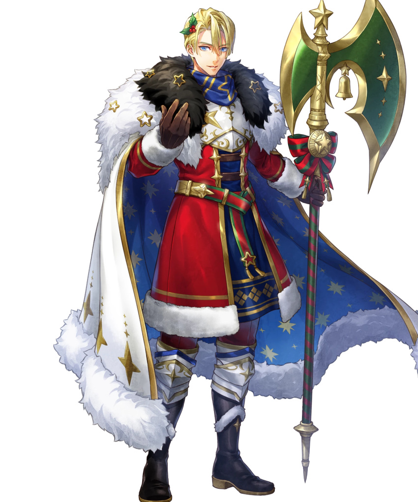 1boy argon_(exys) bell black_footwear blonde_hair blue_cape blue_eyes brown_gloves cape dimitri_alexandre_blaiddyd dimitri_alexandre_blaiddyd_(blessed_protector) fire_emblem fire_emblem:_three_houses fire_emblem_heroes fur-trimmed_cape fur_trim gloves hair_ornament halberd highres holly holly_hair_ornament looking_at_viewer male_focus multicolored_cape multicolored_clothes non-web_source official_alternate_costume official_art parted_bangs polearm smile solo weapon white_cape