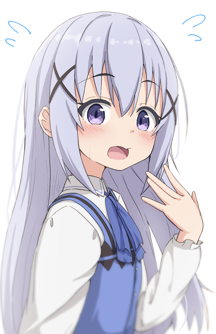 1girl blue_bow blue_hair blue_vest blush bow collared_shirt commentary_request flying_sweatdrops from_side gochuumon_wa_usagi_desu_ka? hair_between_eyes hair_ornament hand_up highres kafuu_chino long_hair long_sleeves looking_at_viewer looking_to_the_side open_mouth puffy_long_sleeves puffy_sleeves rabbit_house_uniform shirt simple_background solo takasuma_hiro uniform upper_body very_long_hair vest violet_eyes waitress white_background white_shirt x_hair_ornament