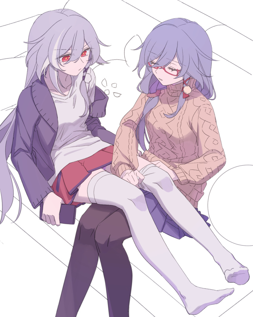 2girls aran_sweater black_jacket blue_skirt brown_pantyhose brown_sweater cable_knit cellphone closed_mouth commentary_request couch feet_out_of_frame fu_hua glasses grey_hair highres holding holding_phone honkai_(series) honkai_impact_3rd jacket multicolored_hair multiple_girls no_shoes off_shoulder on_couch open_clothes open_jacket pantyhose phone pleated_skirt pulled_by_another red-framed_eyewear red_eyes red_skirt semi-rimless_eyewear shirt sitting sitting_on_lap sitting_on_person skirt soles streaked_hair sweater thigh-highs thighhighs_pull turtleneck turtleneck_sweater under-rim_eyewear white_hair white_shirt white_thighhighs zhaonan