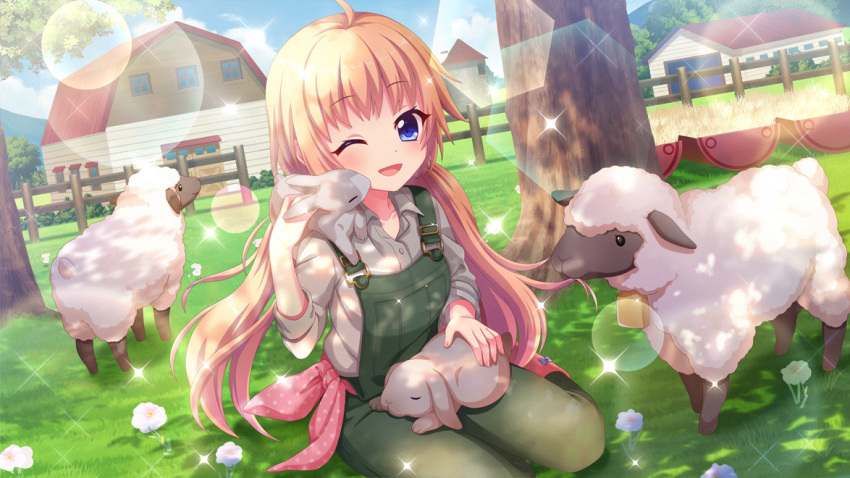 1girl ahoge animal_on_lap animal_on_shoulder barn bell blonde_hair blue_eyes blue_sky cowbell day dot_nose dutch_angle farm fence film_grain flower game_cg grass green_overalls grey_shirt hair_in_another's_mouth hair_ornament hair_scrunchie itsumura_haruka izumi_tsubasu lamb lens_flare long_hair looking_at_viewer low_twintails non-circular_lens_flare non-web_source official_art on_lap one_eye_closed open_mouth outdoors overalls petting pink_footwear pink_scarf polka_dot polka_dot_scarf rabbit rabbit_on_shoulder re:stage! scarf scrunchie sheep shirt silo sitting sky smile solo sparkle tree twintails wheat white_flower white_scrunchie wooden_fence yokozuwari