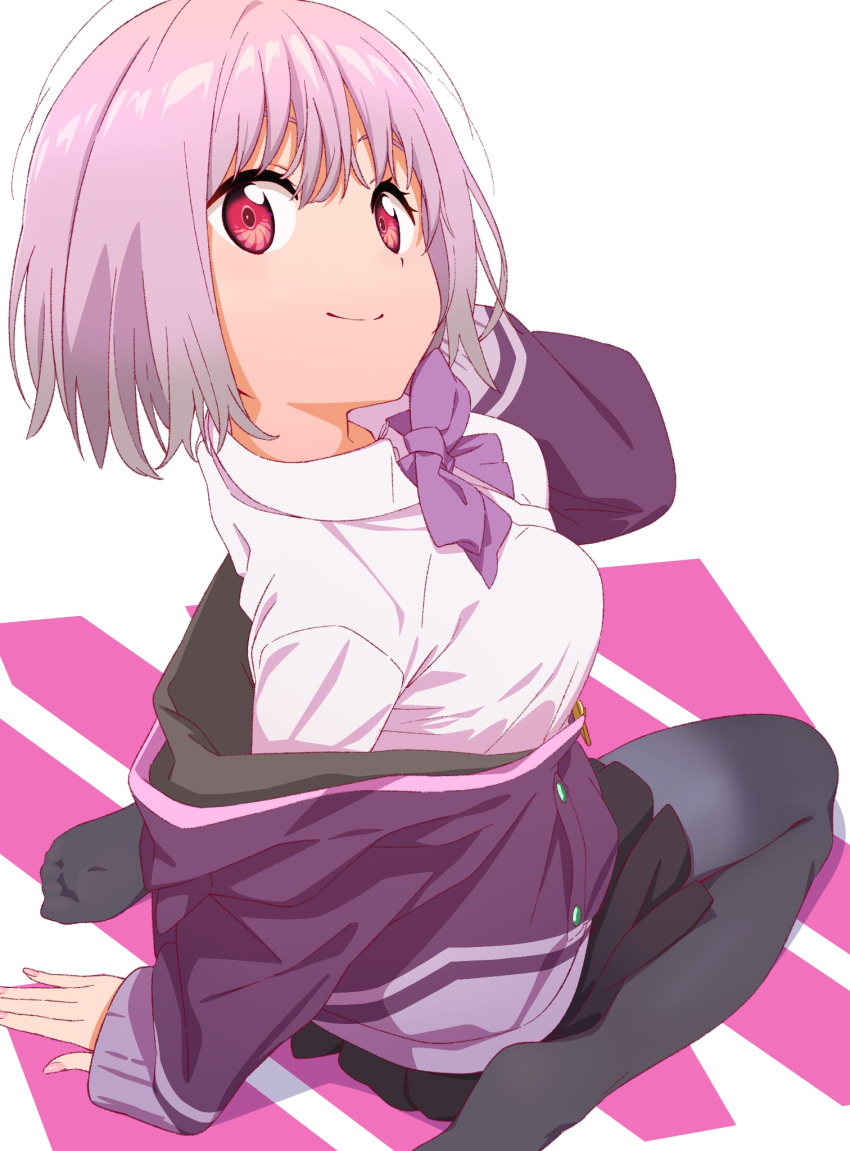 1girl black_pantyhose black_skirt bow bowtie breasts closed_mouth collared_shirt from_above gridman_universe highres jacket long_sleeves looking_at_viewer no_shoes off_shoulder pantyhose purple_bow purple_bowtie purple_hair purple_jacket red_eyes semham shinjou_akane shirt short_hair sitting skirt smile solo ssss.gridman wariza white_background white_shirt