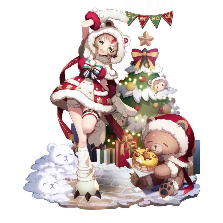 1girl :d animal_hood bare_legs bear_hood bloomers blush bow braid breasts brown_hair brown_hood cake capelet christmas christmas_lights christmas_ornaments christmas_present christmas_star christmas_tree cotton_ball dora_(eversoul) dress eversoul food full_body fur_trim game_cg gift gloves hat highres honey hood kneehighs large_breasts leg_up letter_banner multicolored_hair non-web_source official_alternate_costume official_alternate_hairstyle official_art open_mouth pavement paw_shoes red_bow red_dress santa_hat shorts_under_dress smile snow snow_sculpture socks solo standing streaked_hair stuffed_animal stuffed_toy tachi-e teddy_bear thigh_strap transparent_background twin_braids white_gloves