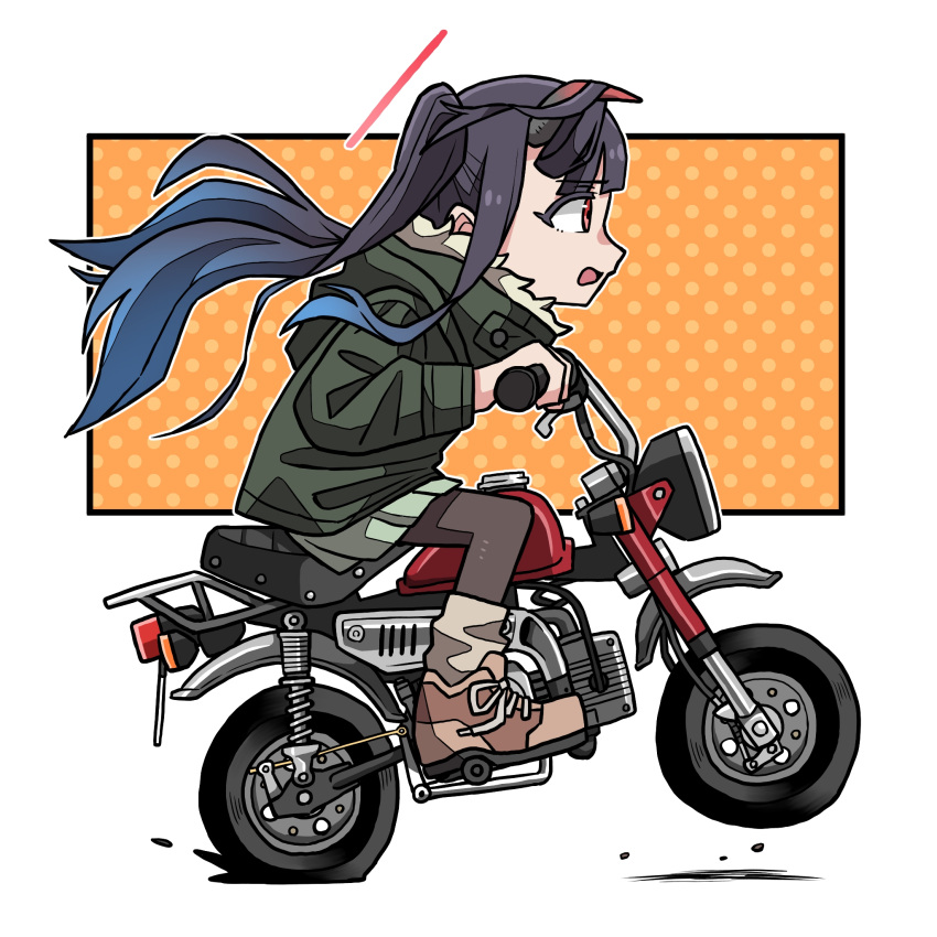 1girl alternate_costume black_hair black_pantyhose blue_archive blunt_bangs brown_footwear commentary_request demon_girl demon_horns driving from_side fur-trimmed_jacket fur_trim fuuka_(blue_archive) green_jacket green_skirt halo highres honda_cb50 horns jacket long_hair long_sleeves on_motorcycle pantyhose red_eyes sidelocks simple_background skirt solo twintails washin white_background