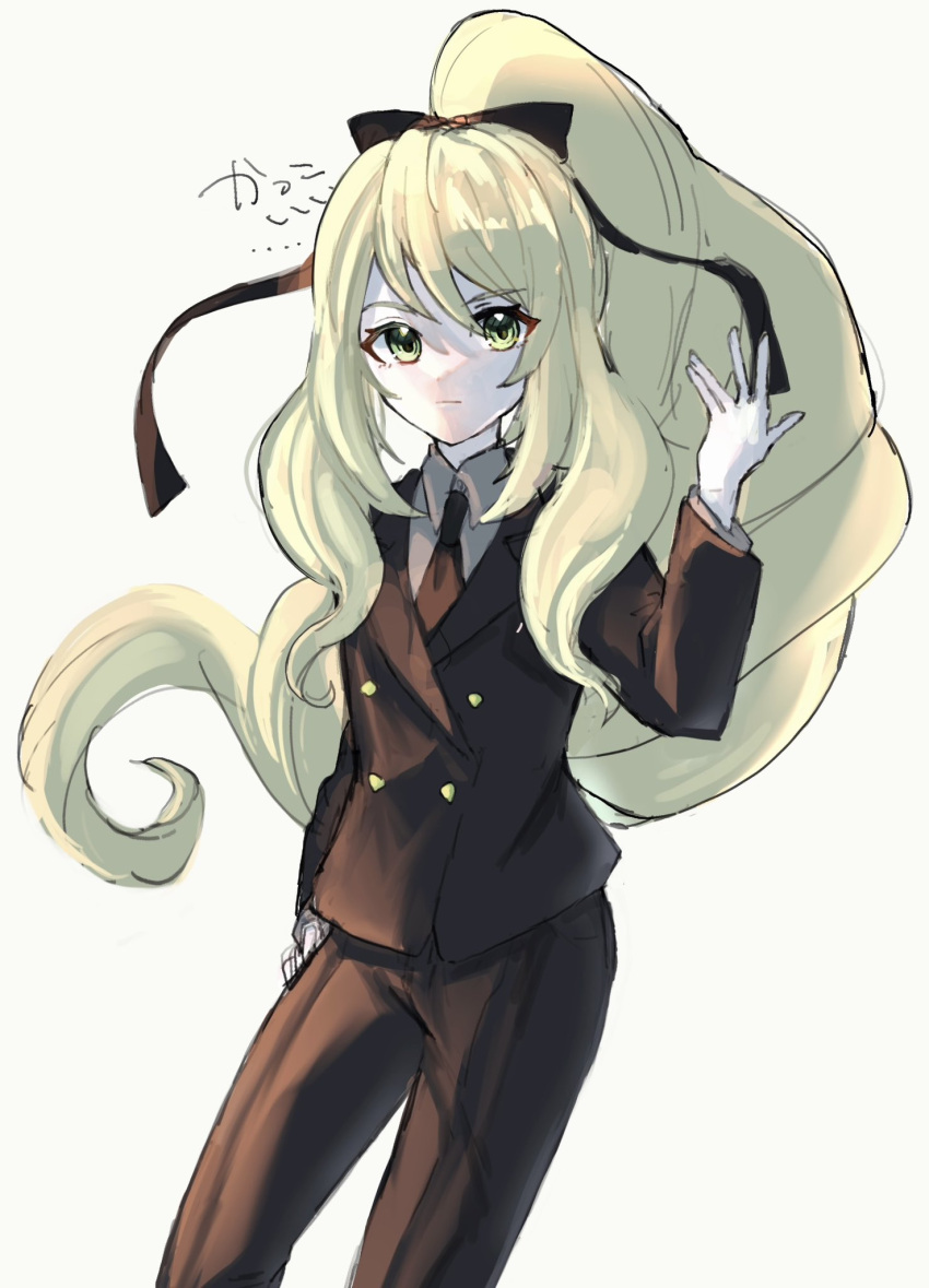 1girl black_jacket black_necktie black_pants black_ribbon black_suit blonde_hair celine_(fire_emblem) closed_mouth collared_shirt fire_emblem fire_emblem_engage green_eyes hair_ribbon highres jacket leon0630claude long_hair long_sleeves looking_at_viewer necktie official_alternate_costume official_alternate_hairstyle pants ponytail ribbon shirt solo suit very_long_hair white_background