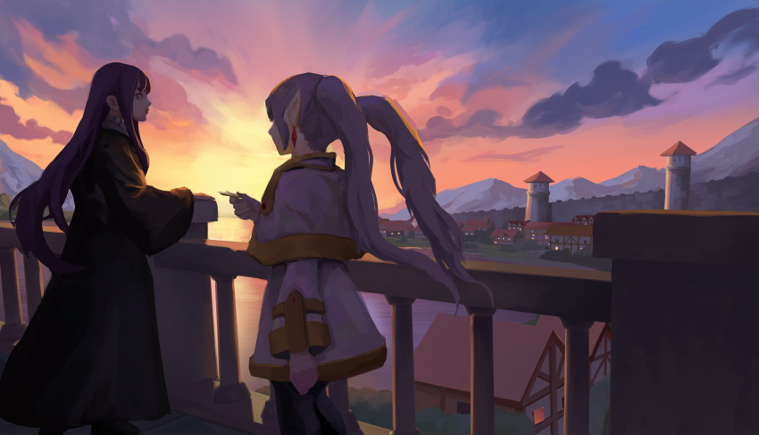 2girls absurdres black_robe blue_sky building bush capelet clouds cloudy_sky dangle_earrings earrings elf english_commentary fern_(sousou_no_frieren) frieren gradient_sky highres jewelry long_hair long_sleeves looking_at_another mountain multiple_girls orange_sky pointy_ears profile purple_hair railing renl0l robe scenery sky sousou_no_frieren straight_hair sunset twintails violet_eyes wall water white_capelet white_hair wide_sleeves